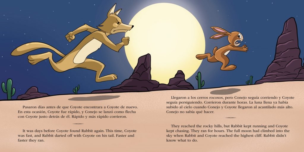 Coyote and a rabbit and the moon, a bilingual content exampe